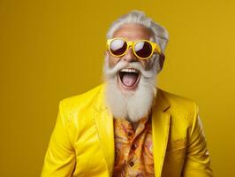ai generativ.glücklich lächelnd Mann mit Bart und grau Haar tragen Sonnenbrille auf Gelb Hintergrund foto