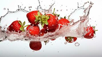 frisch bespritzt Erdbeere auf Weiß Hintergrund mit Wasser droplets.ai generativ foto