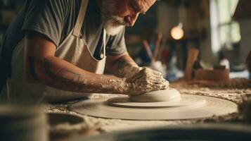 Hände Arbeiten mit Lehm auf Töpfer Rad, Handwerkskunst, traditionell Kunst making.ai generativ. foto