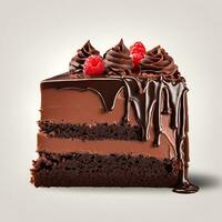 köstlich Scheibe von Schokolade Kuchen, isoliert auf Weiß Hintergrund ai generativ foto