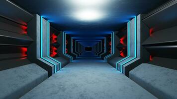 das Neon- Blau Luftschleuse Tunnel leuchtet um das Gang auf das reflektierend Beton Boden. foto