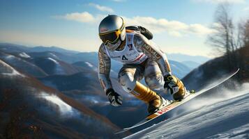 Ski Springen. genial Pose im das schneebedeckt Berg Hintergrund. ai generiert. foto