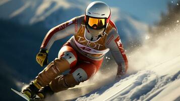 Ski Springen. genial Pose im das schneebedeckt Berg Hintergrund. ai generiert. foto