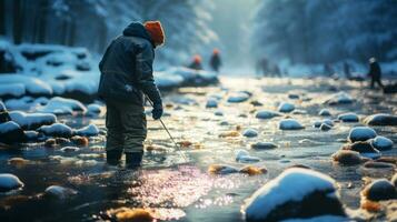 Menschen Angeln, Winter Sport. ai generiert. foto