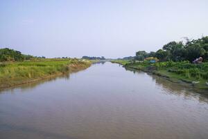 Kanal mit Grün Gras und Vegetation reflektiert im das Wasser in der Nähe von Padma Fluss im Bangladesch foto