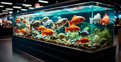 Aquarium von das Lebensmittelgeschäft Abteilung von ein Supermarkt, Fisch von anders Sorten - - ai generiert Bild foto