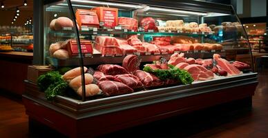 Geschäft Fenster zum rot roh Fleisch, Rindfleisch, Schweinefleisch, Hähnchen. Diät Lebensmittel. Fleisch Supermarkt - - ai generiert Bild foto