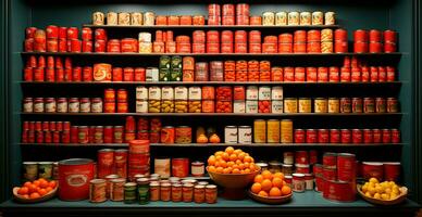 Lebensmittelgeschäft speichern, Obst Schalter, Getränke, Säfte, Marmeladen auf Anzeige im ein Supermarkt - - ai generiert Bild foto