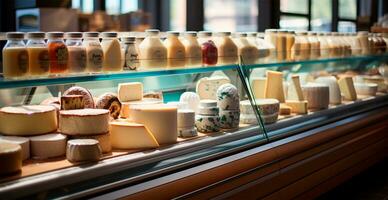 Molkerei Produkte, Milch und Käse im ein Supermarkt, Essen Anzeige - - ai generiert Bild foto