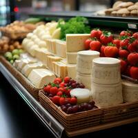 Molkerei Produkte, Milch und Käse im ein Supermarkt, Essen Anzeige - - ai generiert Bild foto