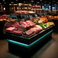 frisch Fleisch Produkte, Rindfleisch, Schweinefleisch im das Kühlschrank auf Anzeige im ein Supermarkt, gesund Essen - - ai generiert Bild foto