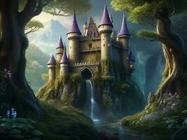 ein großartig Fee Schloss versteckt tief innerhalb ein verzaubert Wald foto