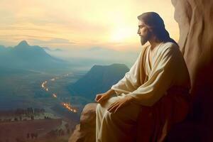 Jesus Christus Sitzung auf Bergspitze foto