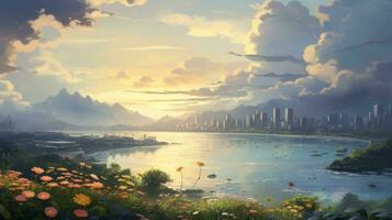 Herrlich Stadt Landschaft mit ein Karikatur Sommer- Sonnenaufgang, flauschige Wolken, ein friedlich See, und ein leuchtenden Sonne. Anime Stil foto