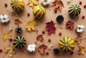 Herbstdeko mit Kürbissen und trockenen Blättern foto