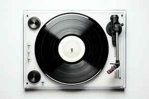 retro Musik- Drehscheibe zum Vinyl Aufzeichnungen auf Weiß Hintergrund ai generativ foto