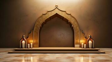 Podium Hintergrund. Ramadan Urlaub Minimalismus Stil . Arabisch Design mit Schatten von Beige Gold Farben. ai generiert foto