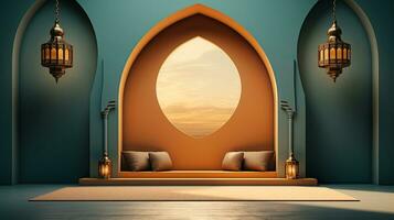 Grün Podium mit Beige Elemente im Arabisch minimalistisch Stil. Podium im das Stil von Ramadan, eid Mubarak. ai generiert foto