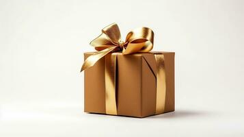 Luxus golden Geschenk Boxen. Geschenk Box mit Bogen isoliert auf Weiß Hintergrund. ai generiert foto