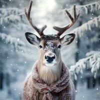 Rentier im Mantel. rot Hirsch im schneebedeckt Wald Nahansicht. Porträt von ein Hirsch im ein Winter Wald. Winter Hintergrund. Rentier im Mantel. ai generiert foto
