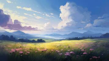 schön Landschaft Hintergrund. Karikatur Sommer- Sonnenaufgang mit Wolken, Feld, Berg und Sonnenschein. Anime Stil foto