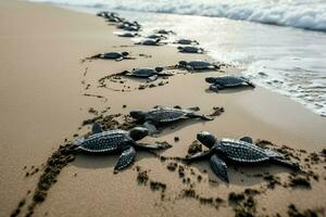 Baby Neugeborene Schildkröten auf sonnig Strand Sand. generieren ai foto