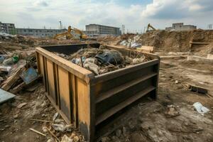 Müllcontainer Konstruktion gefüllt Abfall Dorf. generieren ai foto