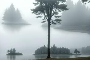 Foto Silhouetten von Bäume auf das Ufer von das See auf ein nebelig Tag generiert durch ai