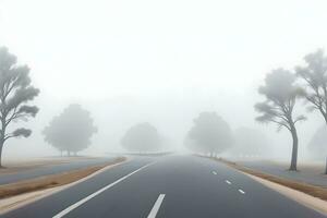 leeren Stadt Straße bedeckt im Nebel, neblig Asphalt Straße auf ein Winter Morgen generiert durch ai foto