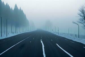 leeren Stadt Straße bedeckt im Nebel, neblig Asphalt Straße auf ein Winter Morgen generiert durch ai foto