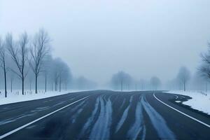 leeren Stadt Straße bedeckt im Nebel, neblig Asphalt Straße auf ein Winter Morgen generiert durch ai foto