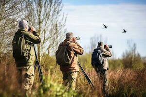 ein Natur Reservieren mit Vogelbeobachter beobachten Selten wandernd Spezies von Vögel. ai generativ foto