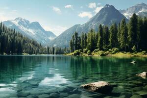 klar Berg See umgeben durch ein Wald im ein National Park. Bäume reflektiert im das hell Türkis Wasser. ai generativ foto