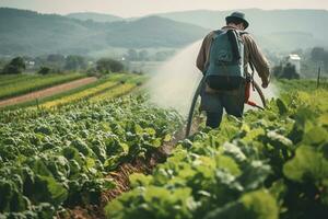 ein Farmer Sprays ein Kohl Patch mit ein Schlauch. Behandlung von Pflanzen gegen Schädlinge. ai generativ foto