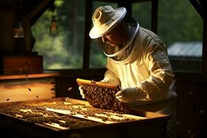 ein Imker nimmt Pflege von ein Bienenstock von Bienen. ein Forscher Überwachung ein Bienenstock Gesundheit und Aktivität. ai generativ foto