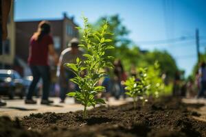 Gruppe von Freiwillige Pflanze Baum Sämlinge. städtisch Gegend Gemeinschaft feiert Umgebung Tag, Veranstaltung Aufräumen, subbotnik. ai generativ foto