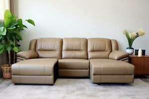 Leder Schnitt liegend Sofa im Familie Zimmer im erdig Grün und braun Töne. ai generativ foto