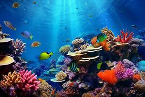 unter Wasser Koralle Riff wimmelt es mit bunt Marine Leben. ai generativ foto