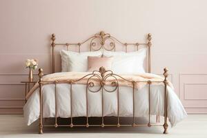 Antiquität Messing- Bett Rahmen im ein Jahrgang Schlafzimmer im Sanft Pastell- Farben. ai generativ foto