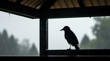 Nahansicht Silhouette von ein Vogel Sitzung auf ein Schutz während ein Regen Dusche. ai generiert foto