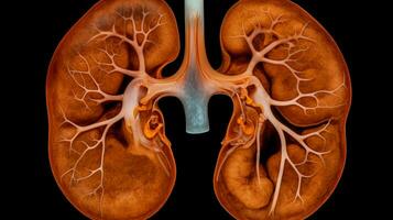 Mensch Nieren Anatomie innen. intern Organ auf schwarz Hintergrund. Urin- System. ai generiert foto