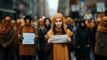 Muslim Frau im Hijab halten ein Stück von Papier im das Straße. Demonstration auf das Straßen, Rallye und Protest. foto