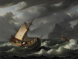 Illustration von ein alt Schiff im das Meer foto