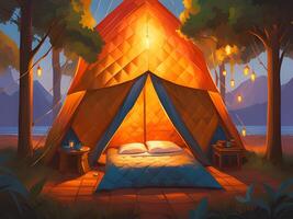 Nacht Camping mit Zelt und Wald foto