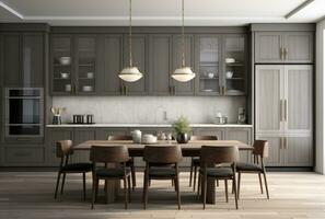 3d Rendern von ein zeitgenössisch dunkel grau Küche mit Weiß Holz Spritzschutz. Tabelle mit Stühle ai generiert. foto
