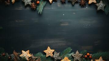 fröhlich Weihnachten Weihnachten Ornamente auf ein dunkel schwarz Beton Tabelle Spitze, oben Aussicht ai generiert. foto