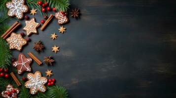 fröhlich Weihnachten Weihnachten Ornamente auf ein dunkel schwarz Beton Tabelle Spitze, oben Aussicht ai generiert. foto