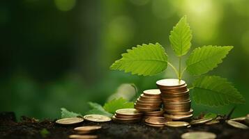 Münzen und Bäume gepflanzt auf Haufen von Münzen zum Finanzen und Bankwesen ai generiert. foto