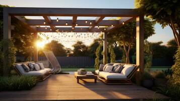 Teak hölzern Deck mit Dekor Möbel und Umgebungs Beleuchtung. Seite Aussicht von Garten Pergola mit Gas Grill beim Dämmerung ai generiert. foto