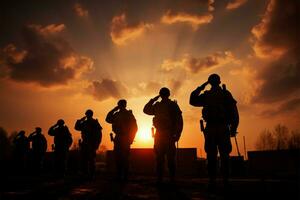 silhouettiert Soldaten Gruß unter das warm Farbtöne von ein Rahmen Sonne ai generiert foto